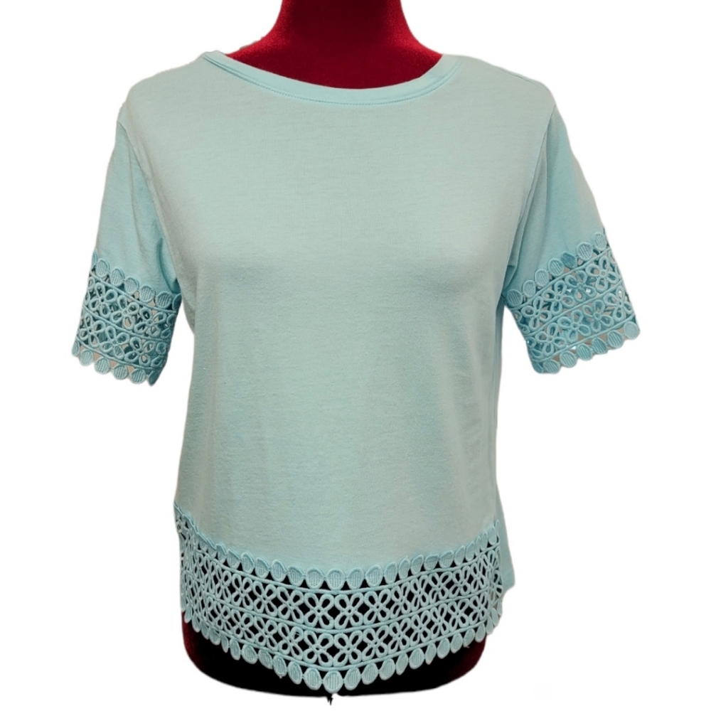 Stylus top with embroidered sleeves and front hem